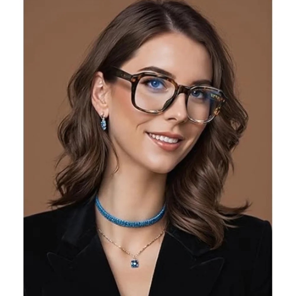 Oversized Square Blue Light Blocking Glasses Computer Tortoise Frame Eyeglasses - Picture 1 of 9